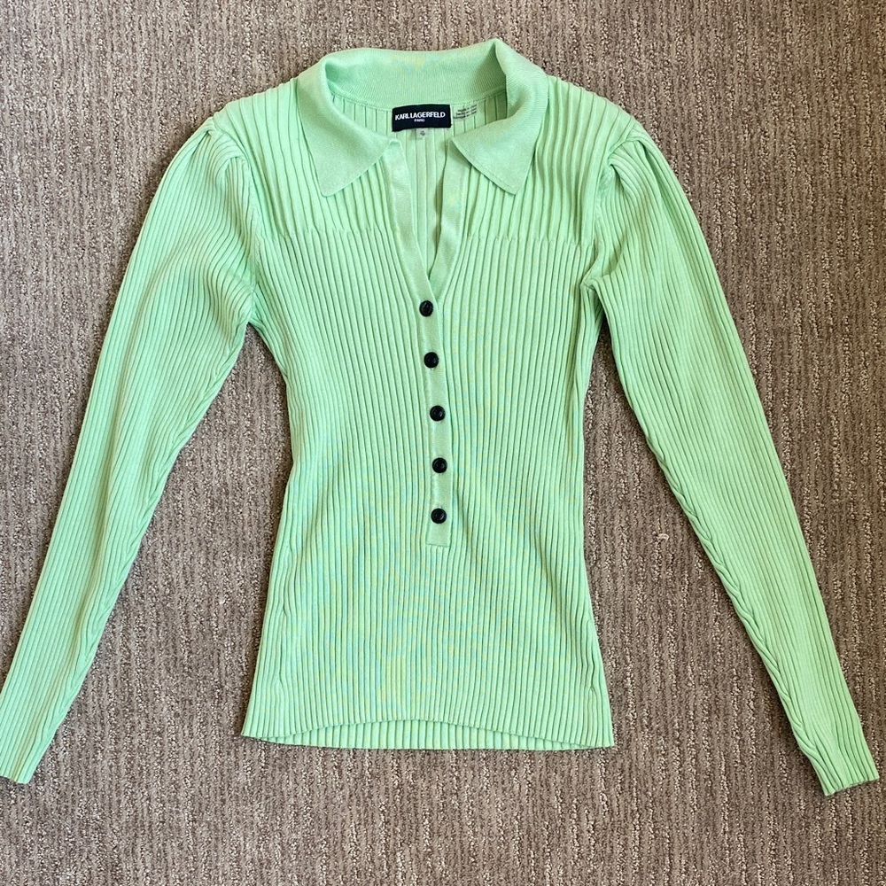 Karl Lagerfeld Tight Knit Green Long Sleeve Button Up Sweater